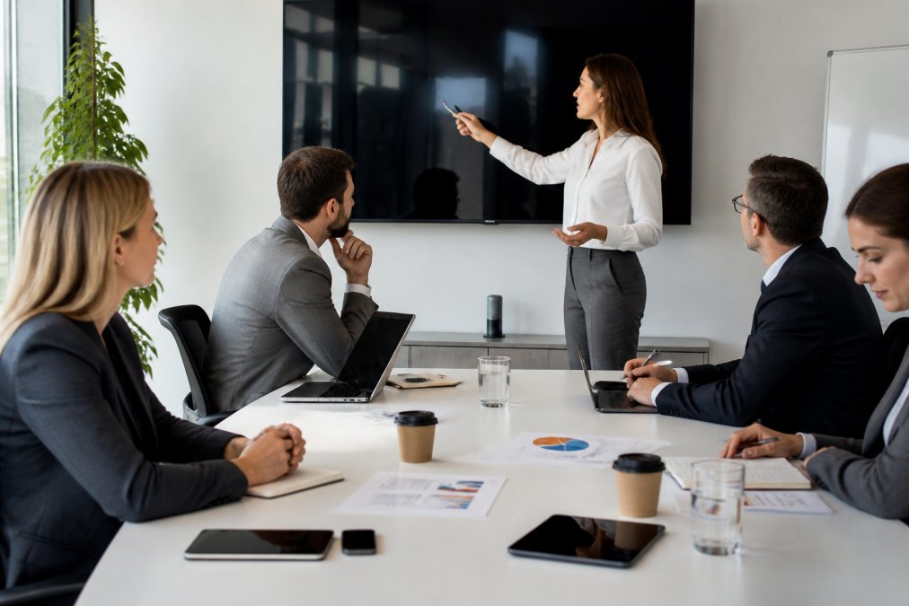 Business professionals in a modern meeting room reviewing recruitment analytics on a large screen, with hiring metrics and candidate pipeline data visible on multiple monitors, natural window lighting