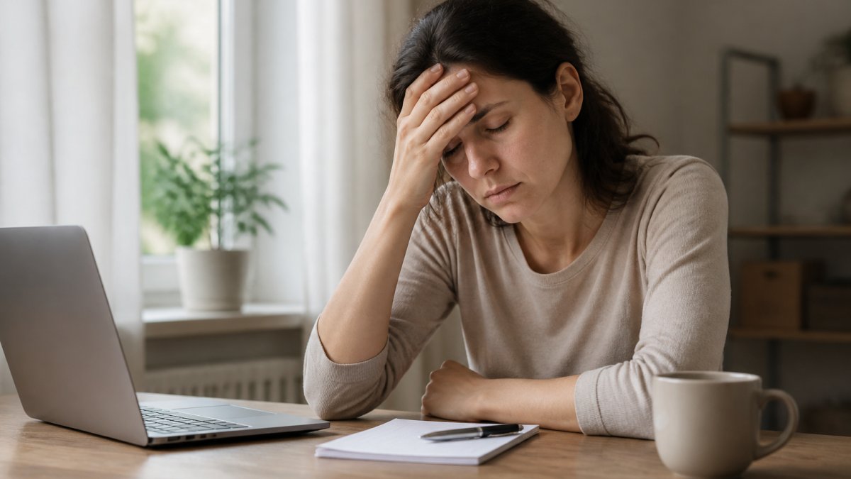 Person sitting at desk looking tired with hand on forehead, pale complexion visible in natural daylight from window, showing fatigue and low energy