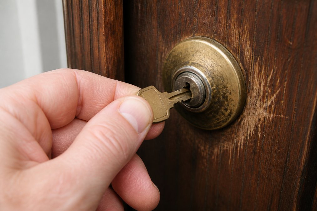 Close-up of a person's hand inserting a worn brass key into a front door lock, with visible scratches around the keyway on a wooden door
