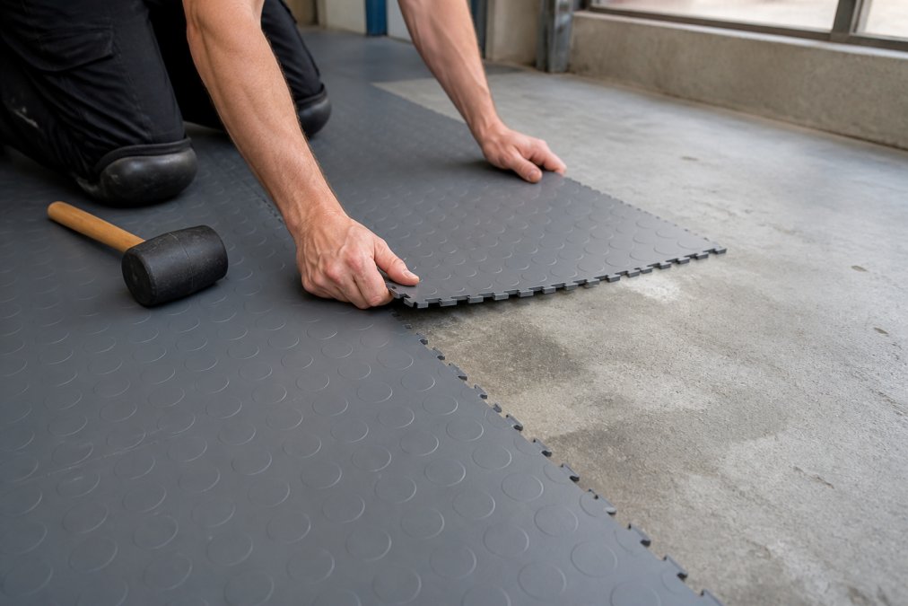 Close-up of interlocking grey PVC tiles being installed on a concrete workshop floor, with a rubber mallet and knee pads visible nearby, natural light from a garage window