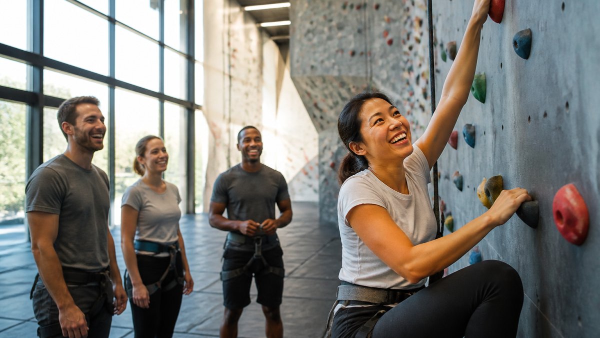 Employees laughing while climbing an indoor rock wall for small business corporate event ideas