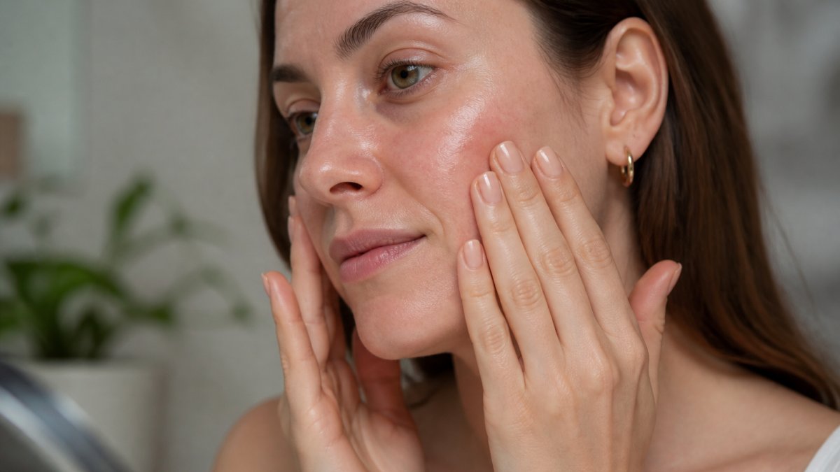 Close-up of hands gently pressing a hydrating serum into facial skin showing redness, with soft natural lighting and calm expression