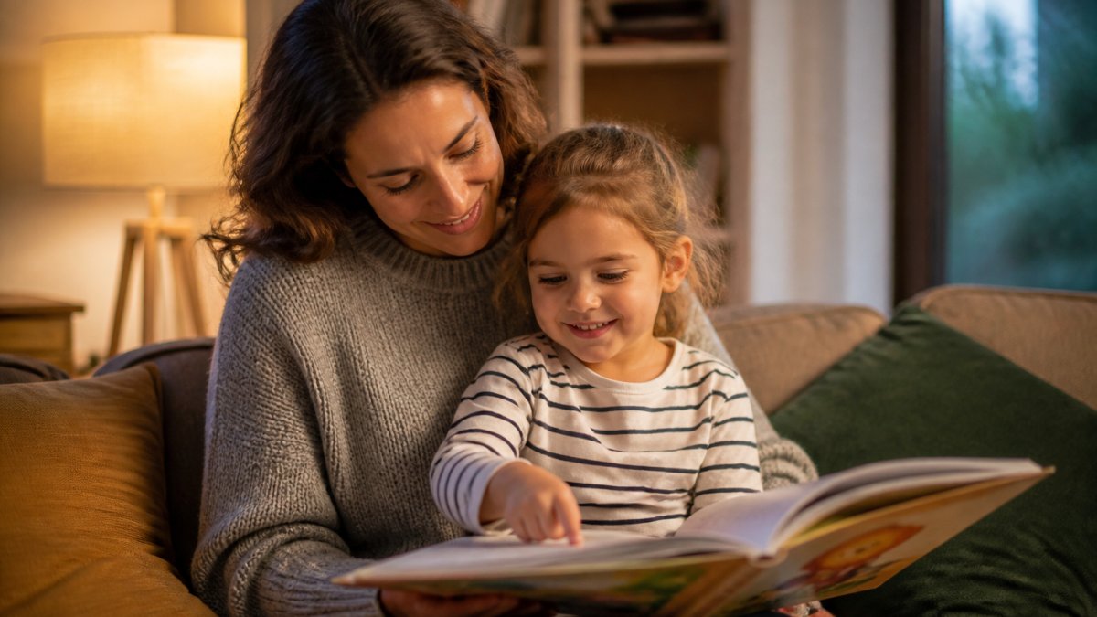 A parent and young child cuddled on a couch reading a colorful picture book together, warm lamp light, cozy living room, child smiling and pointing at the page