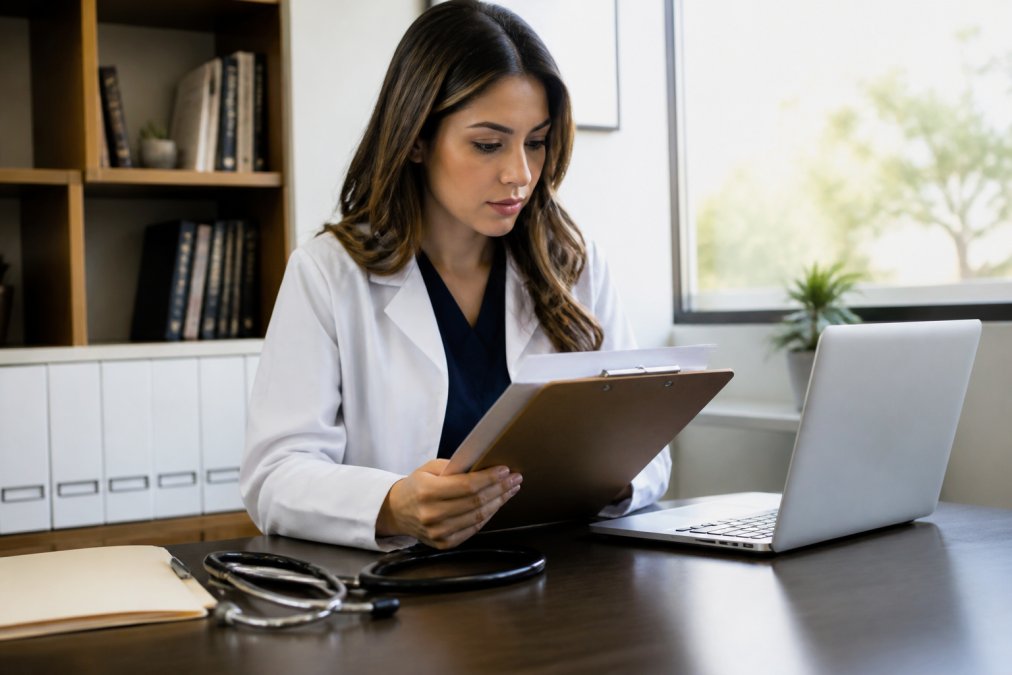 New physician reviewing a checklist for Texas healthcare laws on a clipboard in a bright medical office.