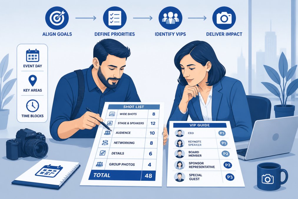 Professional event photographer reviewing a detailed shot list and VIP identification guide with a corporate client in a modern office setting, both studying printed materials and discussing priorities at a conference table