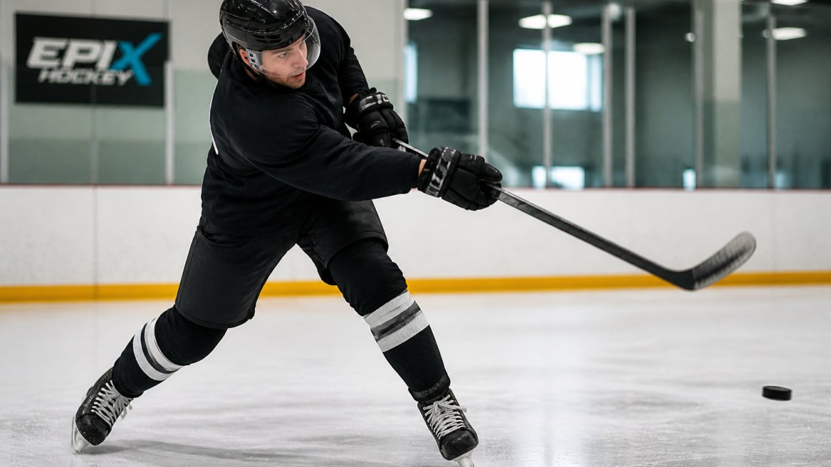 Hockey player in full shooting stance on ice demonstrating proper body rotation with hips open, weight distributed, and follow-through extending toward the target with natural arena lighting