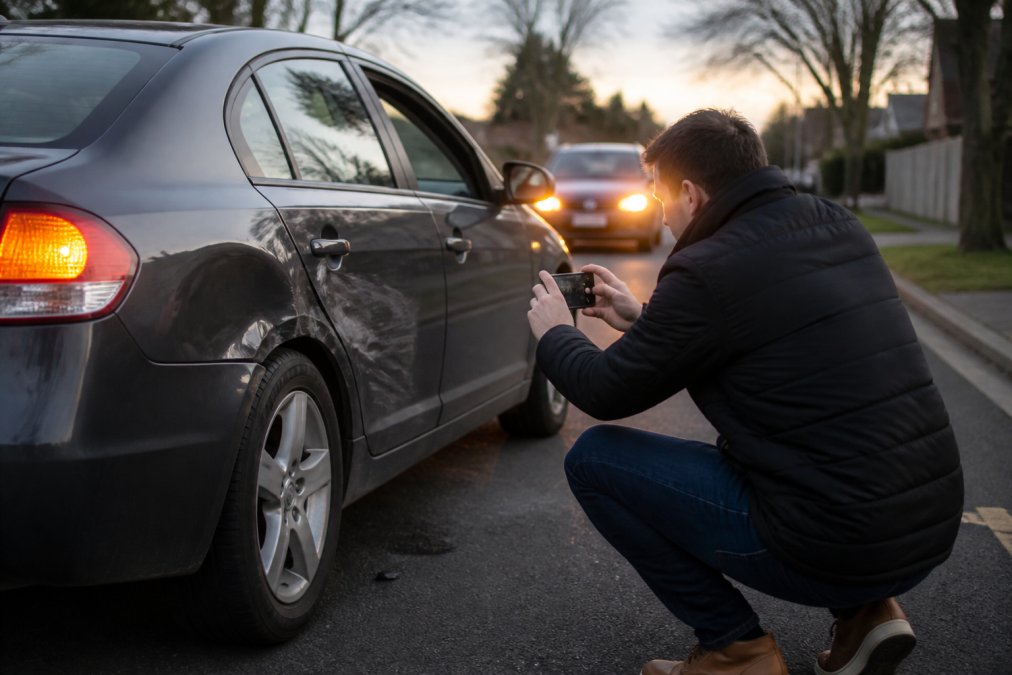A driver crouching beside a dented sedan on a suburban Melbourne street at dusk, phone camera raised to photograph the damaged panel while hazard lights glow in the background