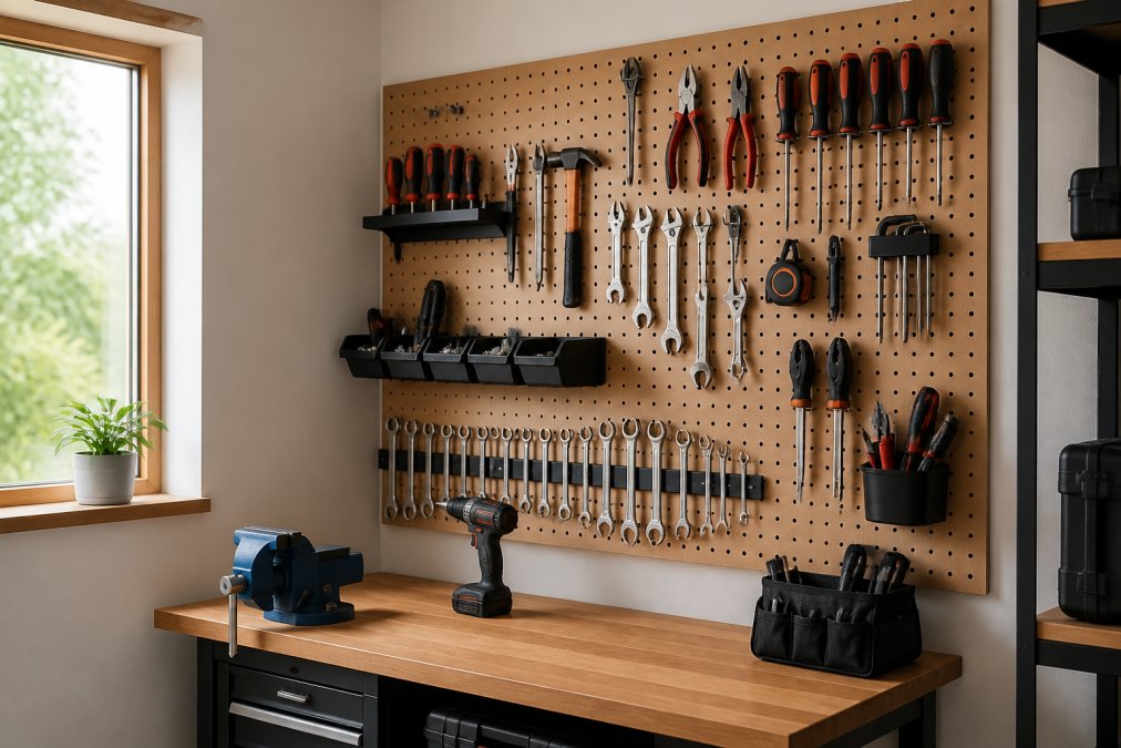 Pegboard and magnetic strips providing efficient tool storage ideas above a compact workshop workbench