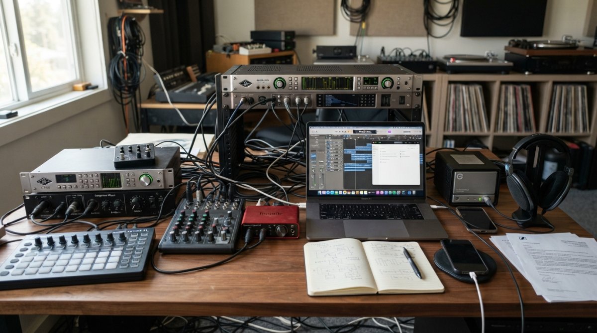 Music producer or label manager working at a desk with multiple monitors displaying different music business dashboards and analytics screens, showing real-time streaming data and royalty reports