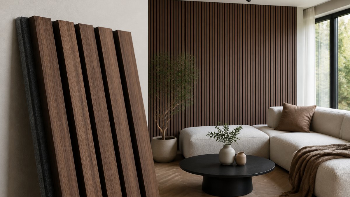 Donker eiken lattenwandpaneel met viltachterzijde in een modern interieur met zachte daglichtinval