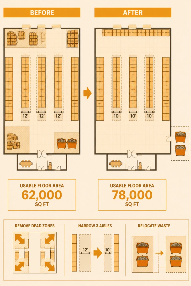 Warehouse floor plan diagram illustrating top 10 warehouse floor space optimization tips by increasing usable area.