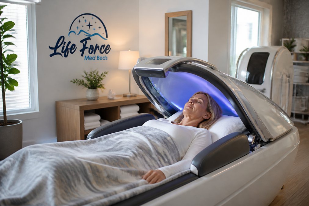 Person relaxing in a Life Force MedBed within a modern home featuring advanced wellness technologies