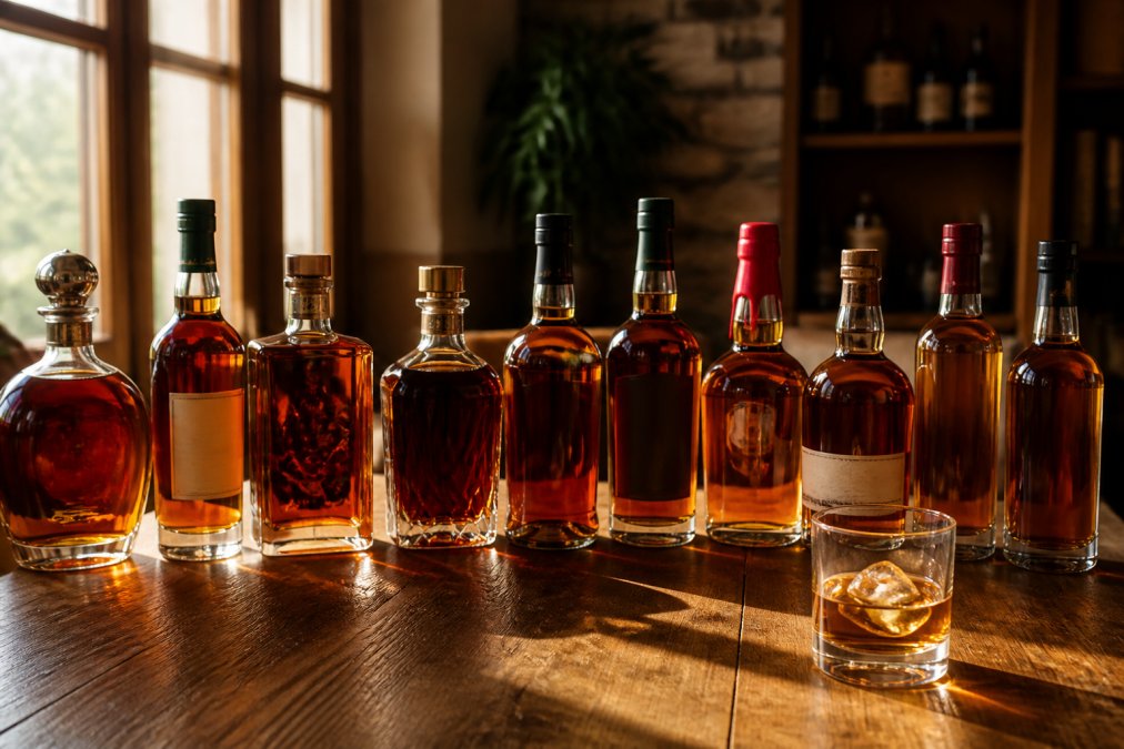 A wooden table displaying a lineup of ten different whiskey bottles with varying label designs, alongside a glass of amber whiskey with a single ice cube, warm natural lighting from a nearby window