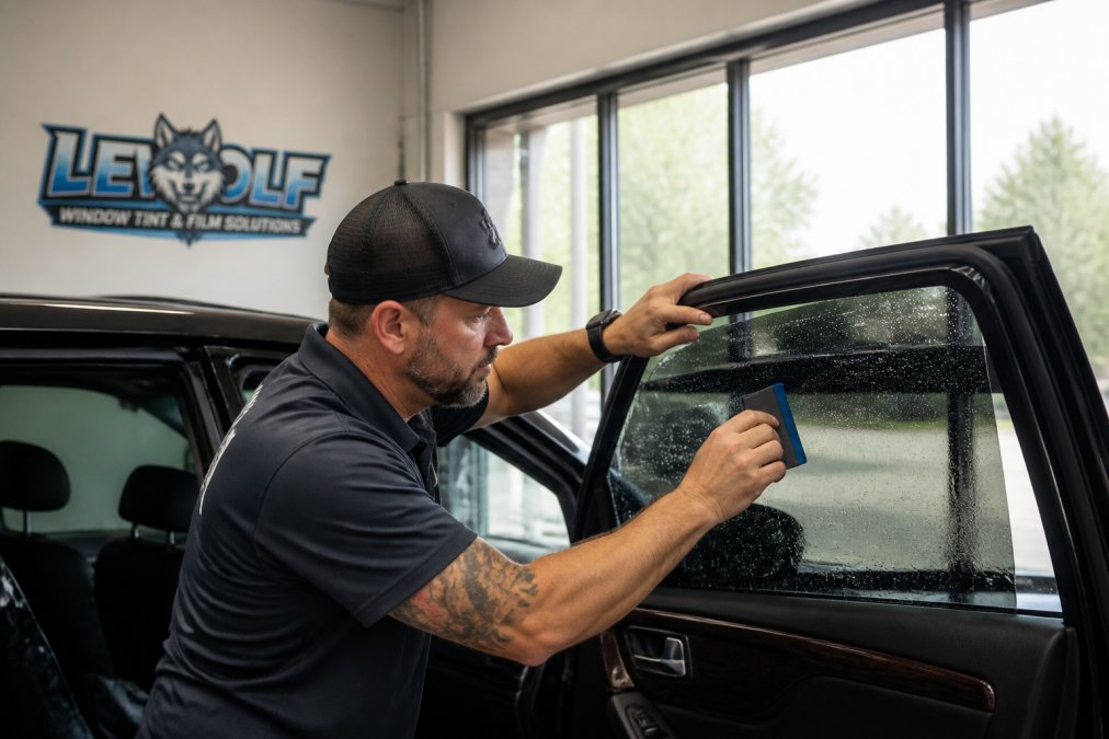 A certified technician in a clean shop applying window film to a car window with a squeegee, focused and precise, natural light coming through the glass