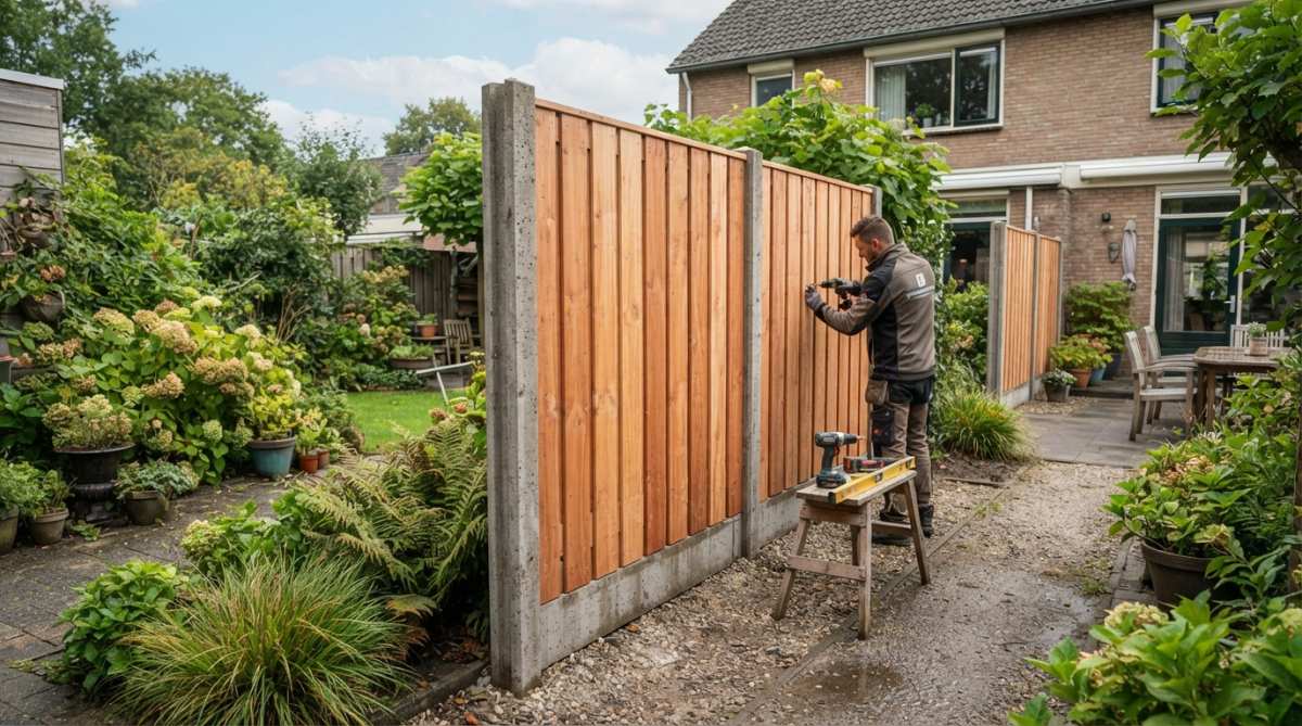 Drie verschillende tuinafscheidingen naast elkaar weergegeven: een hout-betonschutting met geïmpregneerde grenen planken, een volledig betonnen schutting met steenmotief in antraciet, en een Douglas hout-betonschutting, alle drie in een tuinomgeving onder helder daglicht