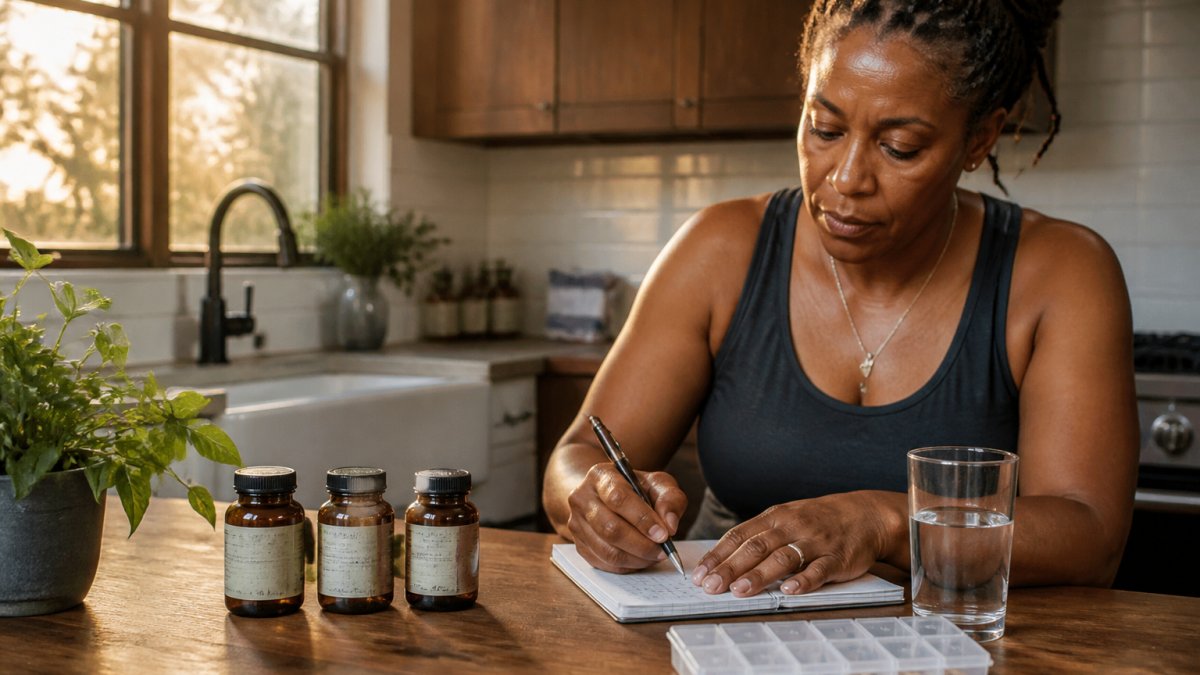 A calm, well-lit kitchen counter with three small amber supplement bottles, a glass of water, a weekly pill organizer, and a notebook with a handwritten daily checklist, suggesting a simple morning wellness routine at home