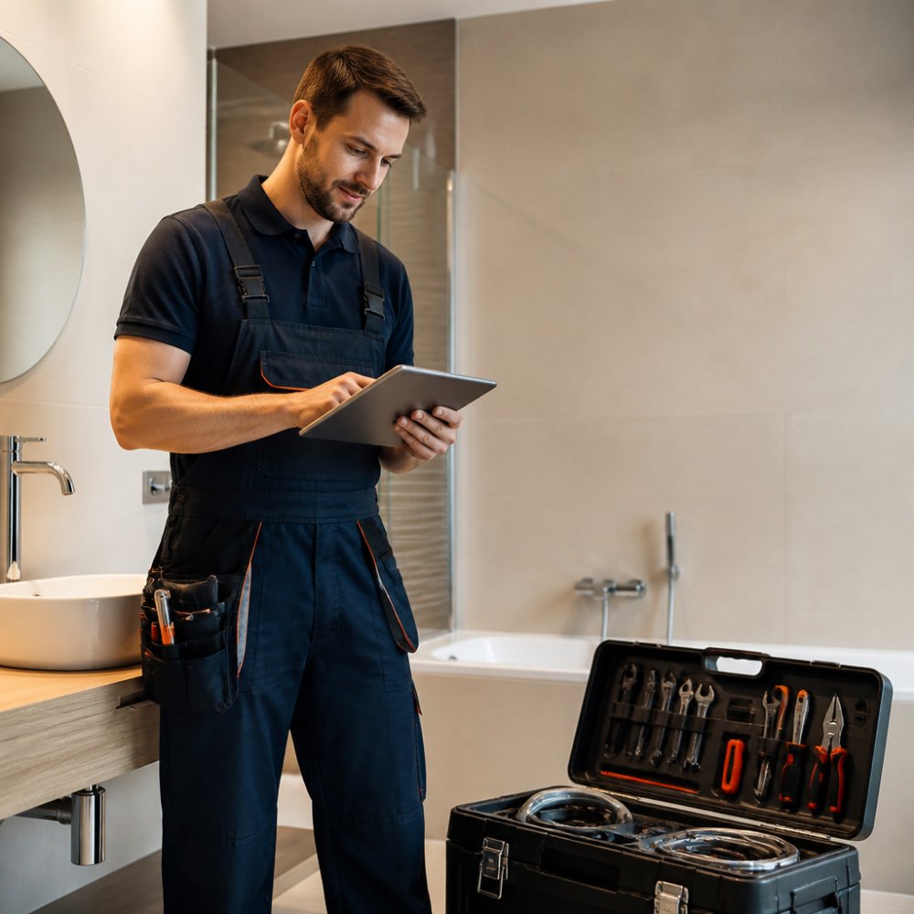 Een zelfstandige loodgieter in werkkleding bekijkt op een tablet een nieuwe opdracht, staande in een nette badkamer met een gereedschapskist naast zich