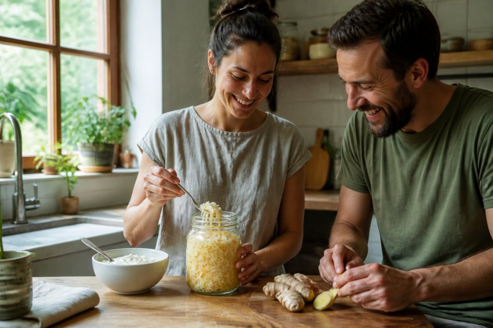 Yogurt, sauerkraut, and ginger on a wooden counter to help improve gut health