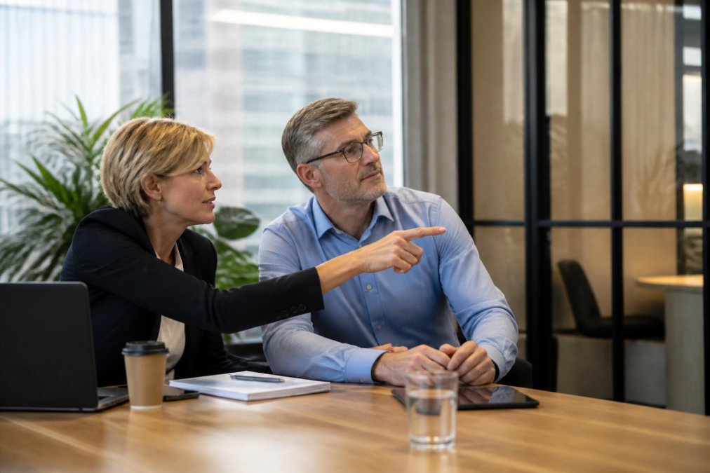 A marketing director and operations manager reviewing website analytics on a large monitor in a modern meeting room, pointing at a conversion trend line