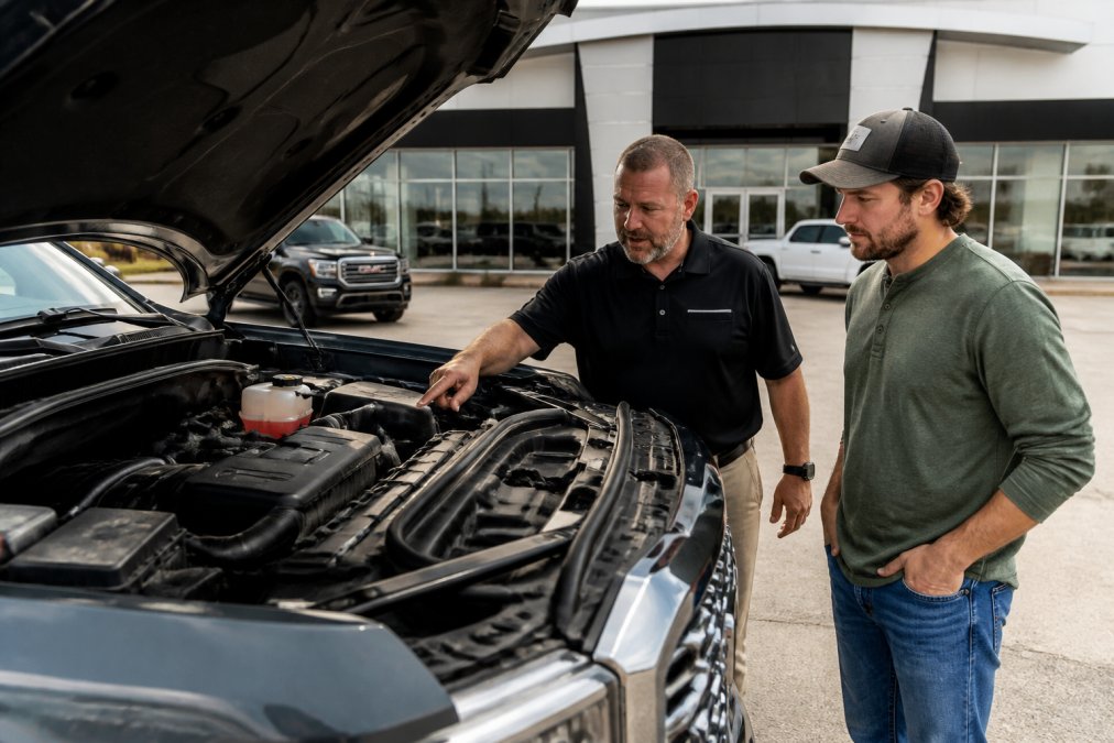 A 2026 GMC Sierra pickup parked outside a dealership showroom, with a salesperson and a customer looking under the open hood at the engine bay in bright daylight