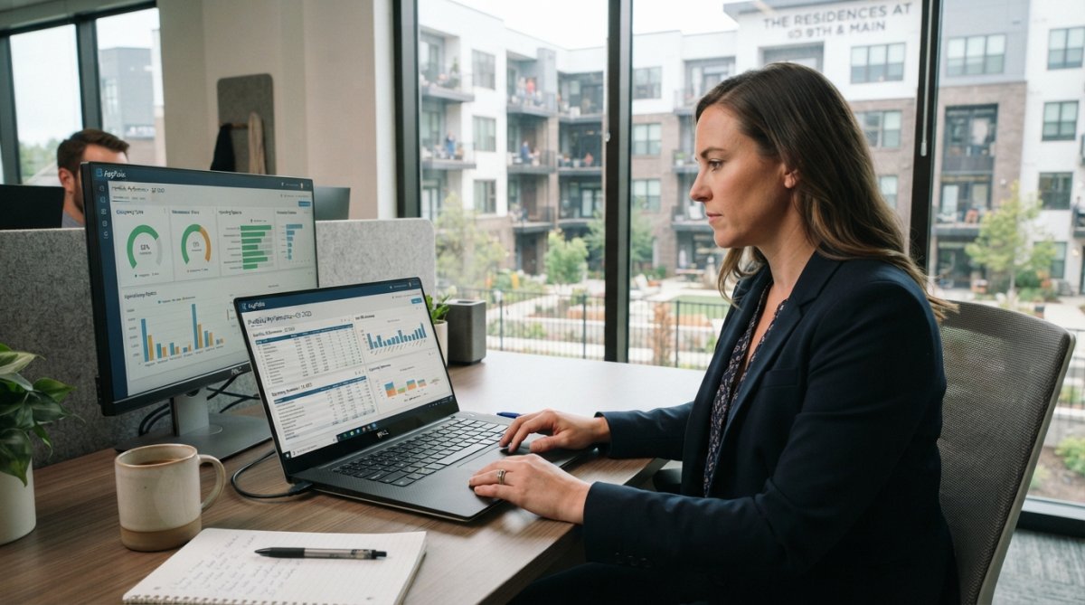 Multifamily asset managers reviewing financial reports on a laptop in a modern office with an apartment complex view
