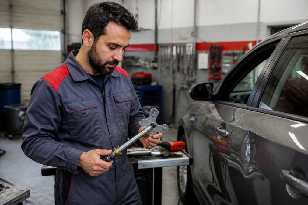 Technician using professional dent pulling systems to repair a car door in a modern auto body repair shop.
