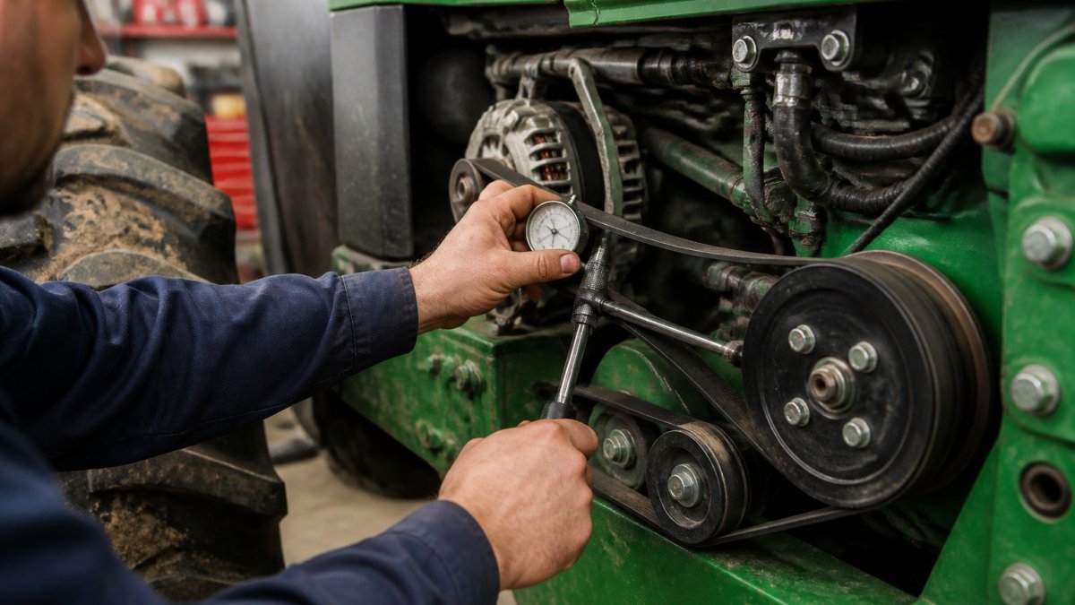 Diagram showing steps to tension affordable v-belt brands on a tractor engine using a professional gauge.