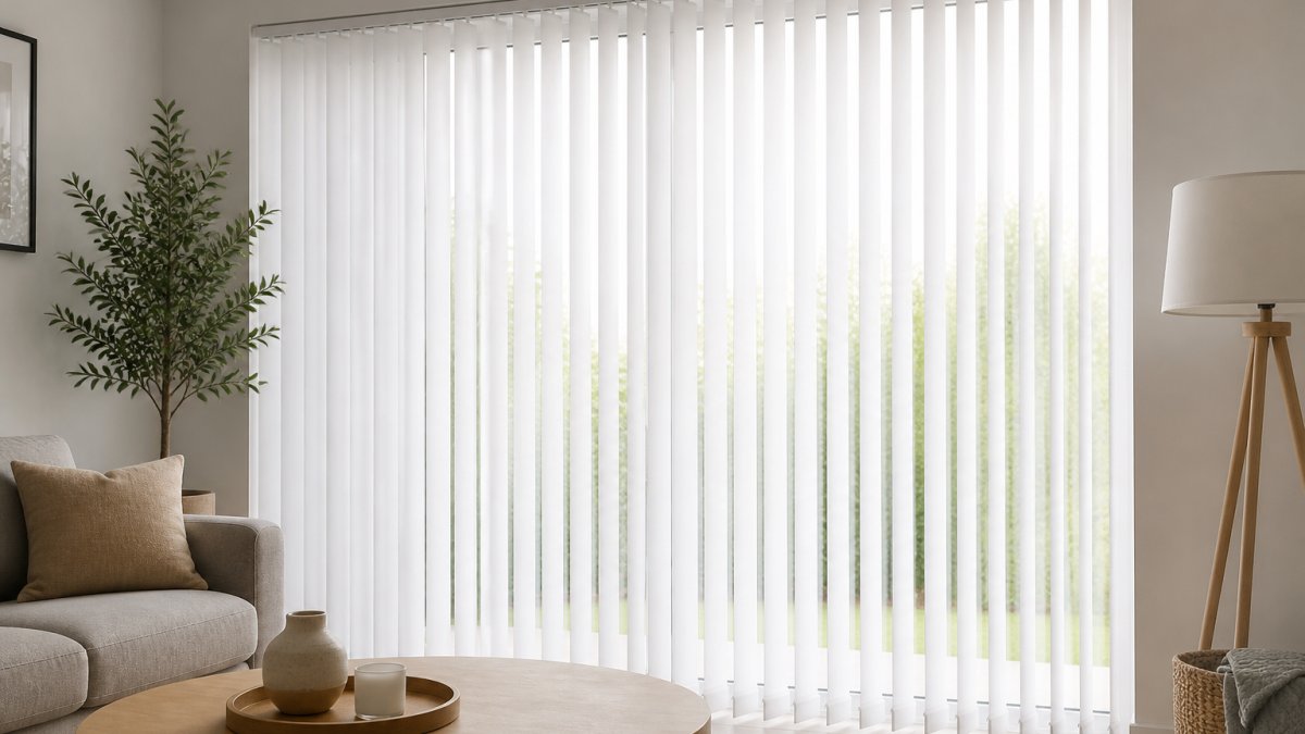 A bright living room with a large window fitted with clean white vertical blinds, soft daylight filtering through, a plant and neutral sofa in view