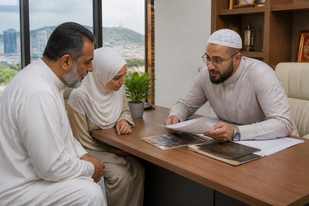 Conseiller dans l'une de nos agences Hajj à Montréal aidant un couple de pèlerins sur une plateforme d'inscription.