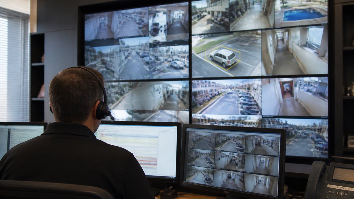 Security analyst monitoring live feeds with AI analytics features identifying vehicles in a parking lot.