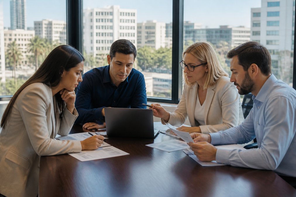 A business team in a modern Culver City office reviewing vendor comparison notes on a laptop and printed documents, with city buildings visible through large windows