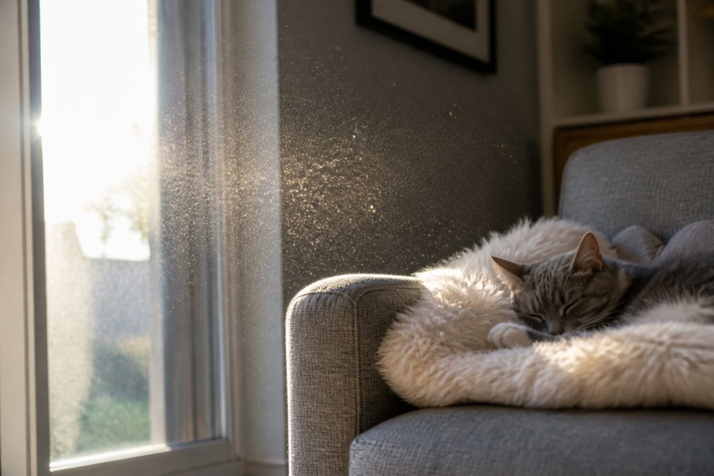 Close-up of sunlight streaming through a window illuminating visible dust particles and pet dander floating in air, with a cat sleeping on a couch in the background