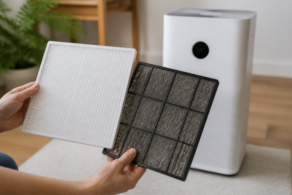 Person's hands holding a clean white pre-filter next to a visibly dirty, dark-colored pre-filter, with an air purifier unit in the background showing the digital particle count display