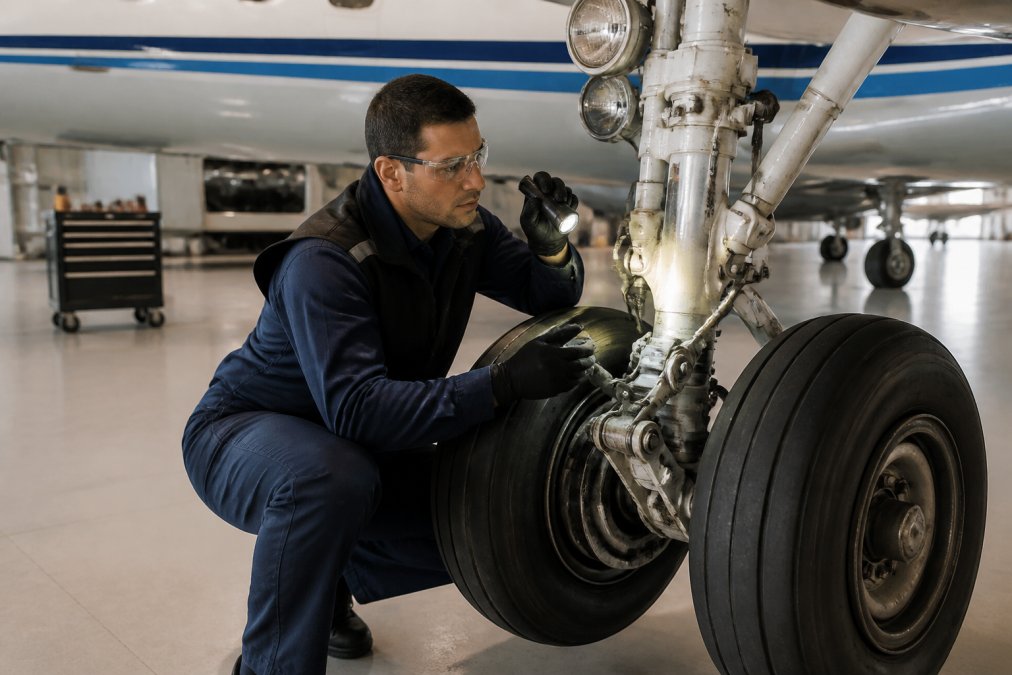 Professional aircraft maintenance technician performing detailed visual inspection of landing gear assembly and wheel bearings with specialized lighting equipment in a well-organized hangar facility