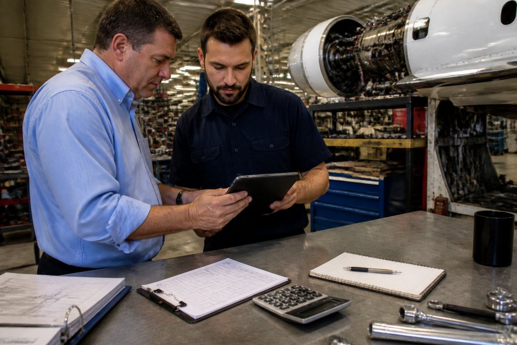 Aircraft owner and certified MRO technician reviewing detailed maintenance records and service logs on a tablet computer in a professional aircraft maintenance facility with organized workbenches and tools