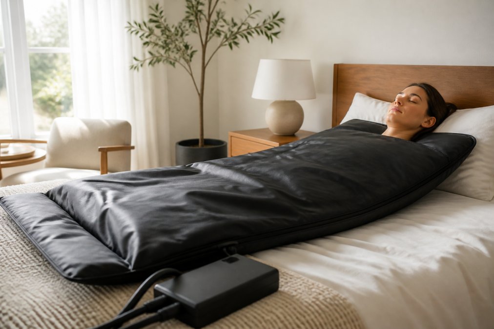 Person lying comfortably wrapped in a portable infrared sauna blanket in a bright home bedroom, relaxing with eyes closed during a recovery session