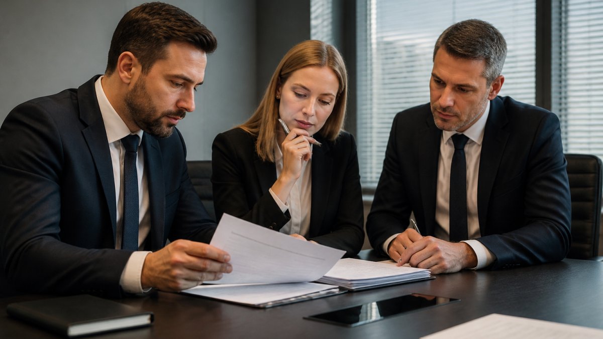 Zwei Anwälte und eine Beraterin prüfen vertrauliche Unternehmensdokumente an einem Konferenztisch in einem ruhigen, modernen Büro mit geschlossenen Jalousien
