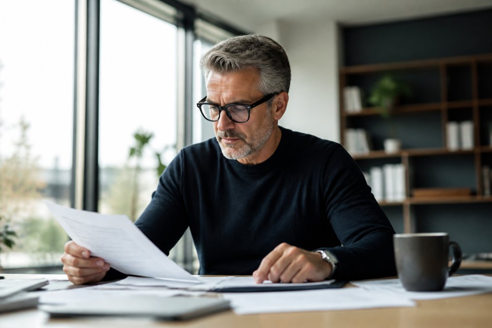 Professional in their 50s at a modern desk reviewing documents with clear, alert expression, natural daylight streaming from window, coffee cup nearby
