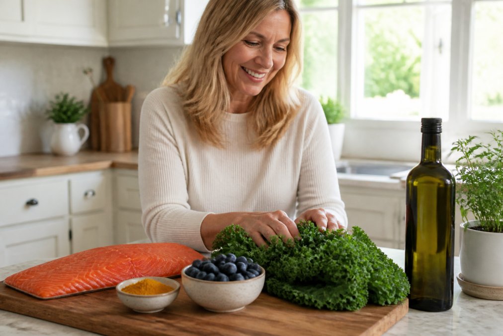 A bright, clean kitchen counter with a wooden cutting board displaying fresh ingredients: a fillet of raw sockeye salmon, a bunch of organic kale, a small bowl of turmeric powder, a handful of wild blueberries, and a dark glass bottle of extra virgin olive oil, natural window light