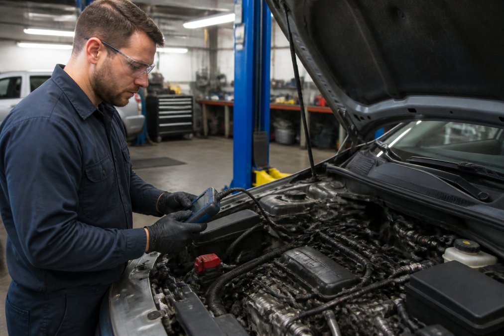 A qualified auto electrician in a tidy workshop using a handheld diagnostic scan tool connected to a car's OBD port, with the vehicle bonnet raised and electrical wiring harnesses visible under bright fluorescent lighting