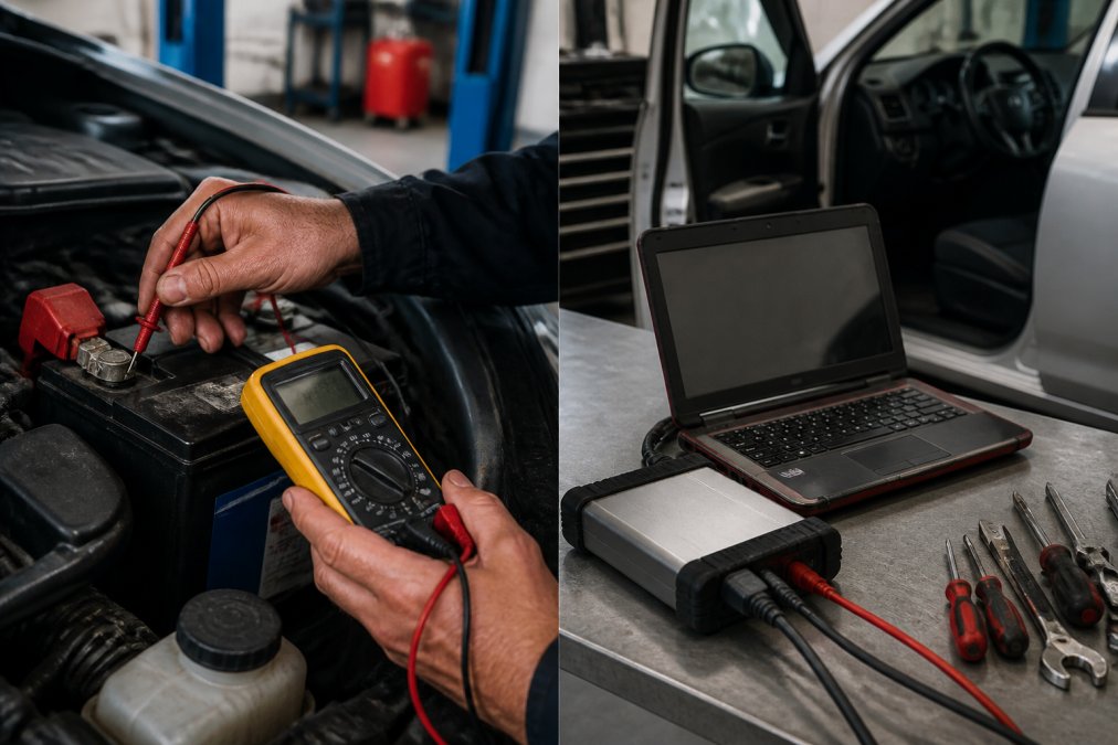 Close-up of a mechanic's hands using a digital multimeter to test a car battery terminal in a well-lit workshop, with assorted wiring tools and a workshop manual visible on a metal workbench nearby