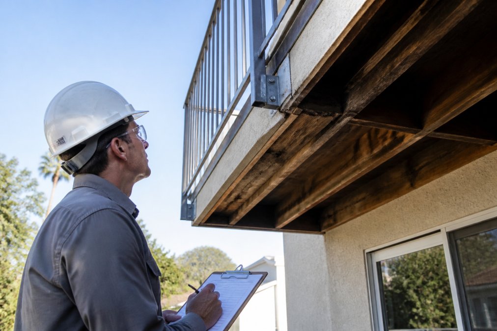 Licensed structural engineer conducting visual inspection of residential balcony exterior elevated elements, measuring and documenting ledger connection with clipboard and precision tools, natural daylight