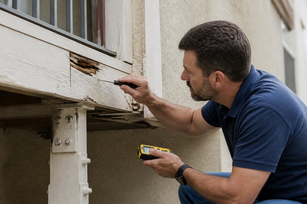Inspector examining balcony decking and ledger connection for wood rot and water intrusion, using probe tools and moisture meter on elevated exterior elements, close-up detail of fasteners and waterproofing materials
