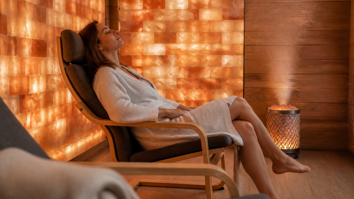 Person relaxing in a modern salt room with glowing Himalayan salt brick walls and diffused salt particles