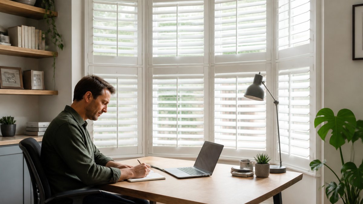 Person working at a desk with white plantation shutters reducing screen glare in a bright home office