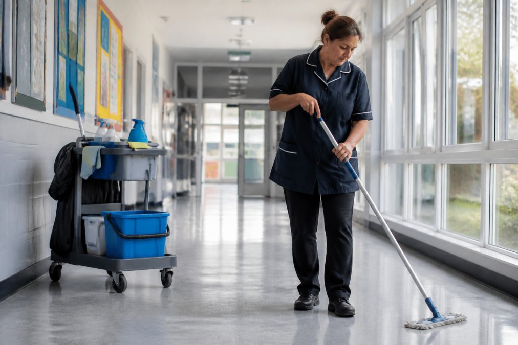Professional cleaning operative in uniform working methodically through a school corridor with cleaning equipment, demonstrating reliable on-site presence and care in natural daylight