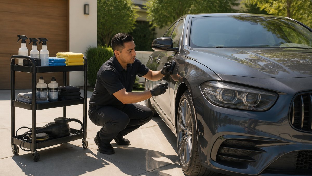 Professional detailer in work uniform applying protective coating to a luxury sedan parked in a residential driveway, with detailing equipment and supplies organized on a portable cart nearby, morning sunlight casting clear shadows