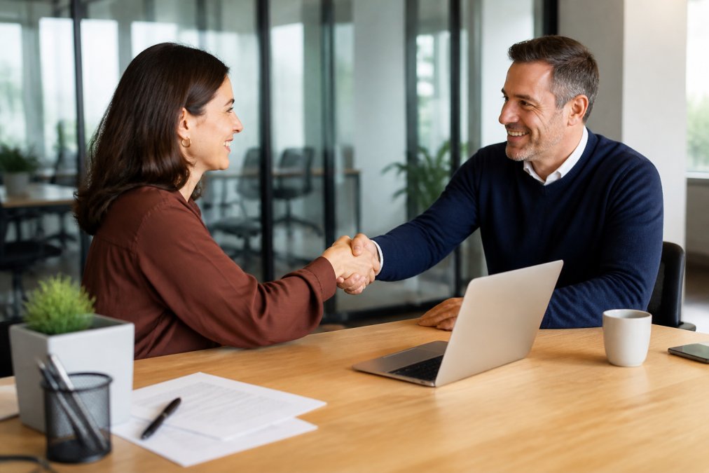 Recruitment manager and business leader shaking hands, visualizing the process of outsourcing talent acquisition