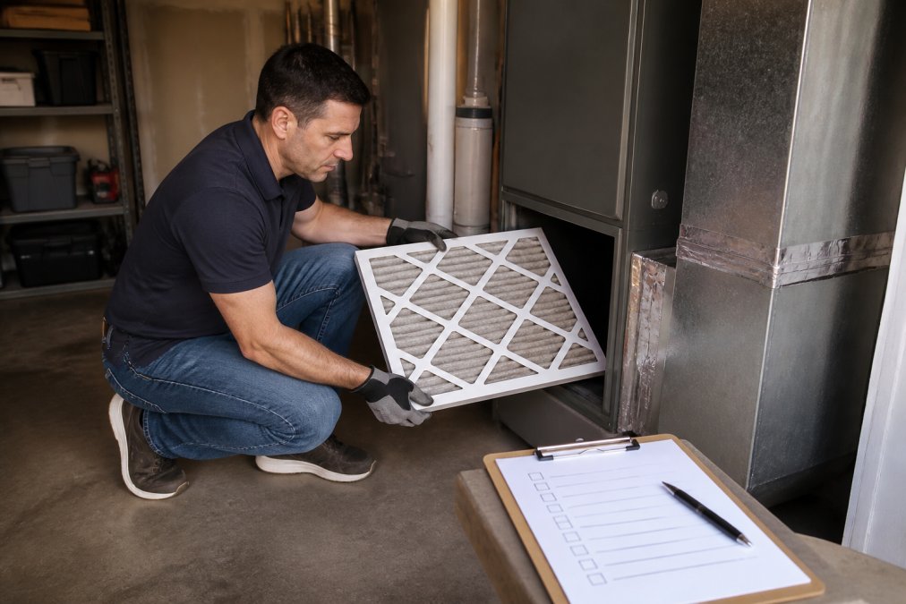 Infographic showing an AC maintenance checklist for homeowners to inspect residential HVAC air filters