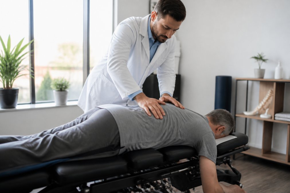 A middle-aged adult lying face down on a padded chiropractic adjustment table while a licensed chiropractor in a white coat performs a gentle spinal manipulation, bright clinical room with natural light through large windows